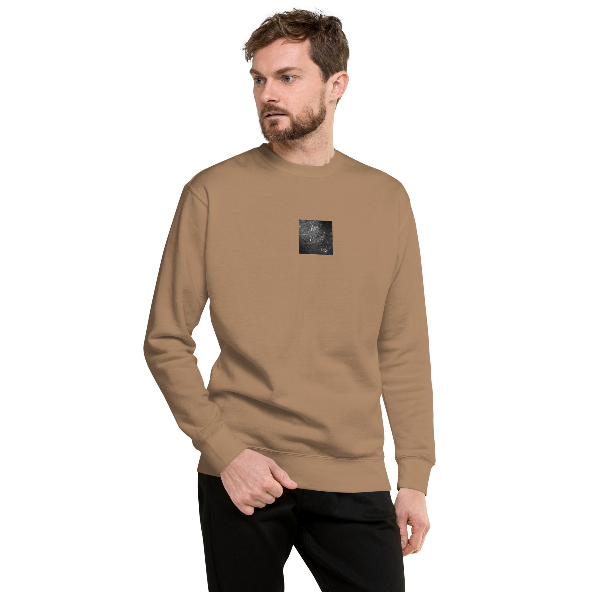 Minimalist streetwear style unisex premium sweatshirt in latte featuring the 'Rain (B&W)' photo art on the front. / モードストリート系ユニセックス・プレミアム・スウェットシャツ（ラテ）フロントに「雨（モノクロ）」のフォトアートを配したデザイン。