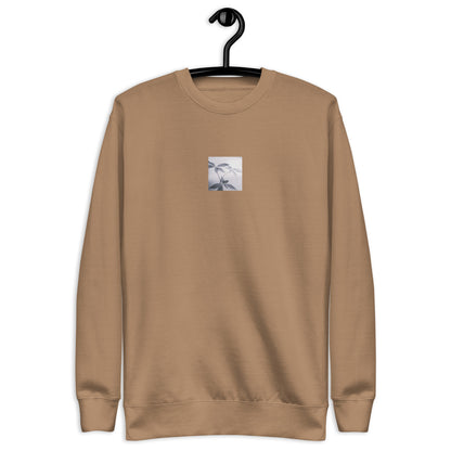 Minimalist streetwear style unisex premium sweatshirt in latte featuring the 'Botanical (B&W)' photo art on the front. / モードストリート系ユニセックス・プレミアム・スウェットシャツ（ラテ）フロントに「ボタニカル (モノクロ)」のフォトアートを配したデザイン。