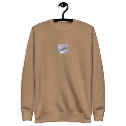 Minimalist streetwear style unisex premium sweatshirt in latte featuring the 'Double Rainbow (B&W)' photo art on the front. / モードストリート系ユニセックス・プレミアム・スウェットシャツ（ラテ）フロントに「ダブルレインボー (モノクロ)」のフォトアートを配したデザイン。