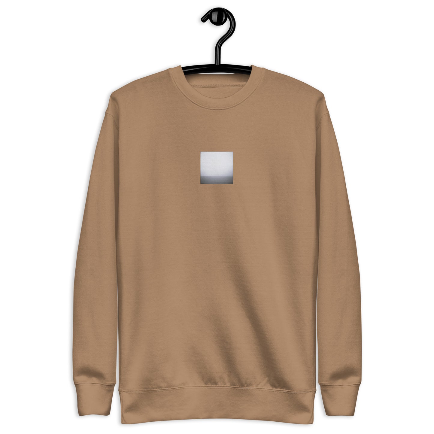 Minimalist streetwear style unisex premium sweatshirt in latte featuring the 'Ocean Horizon (B&W)' photo art on the front. / モードストリート系ユニセックス・プレミアム・スウェットシャツ（ラテ）フロントに「オーシャンホライズン (モノクロ)」のフォトアートを配したデザイン。