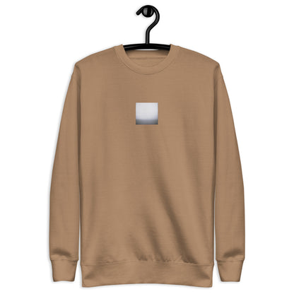 Minimalist streetwear style unisex premium sweatshirt in latte featuring the 'Ocean Horizon (B&W)' photo art on the front. / モードストリート系ユニセックス・プレミアム・スウェットシャツ（ラテ）フロントに「オーシャンホライズン (モノクロ)」のフォトアートを配したデザイン。
