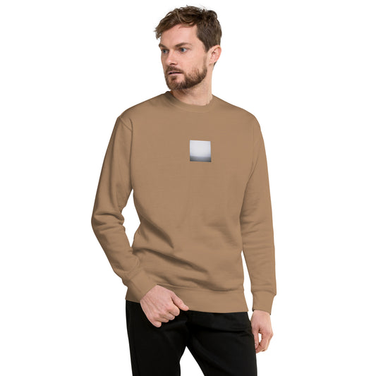 Minimalist streetwear style unisex premium sweatshirt in latte featuring the 'Ocean Horizon (B&W)' photo art on the front. / モードストリート系ユニセックス・プレミアム・スウェットシャツ（ラテ）フロントに「オーシャンホライズン (モノクロ)」のフォトアートを配したデザイン。