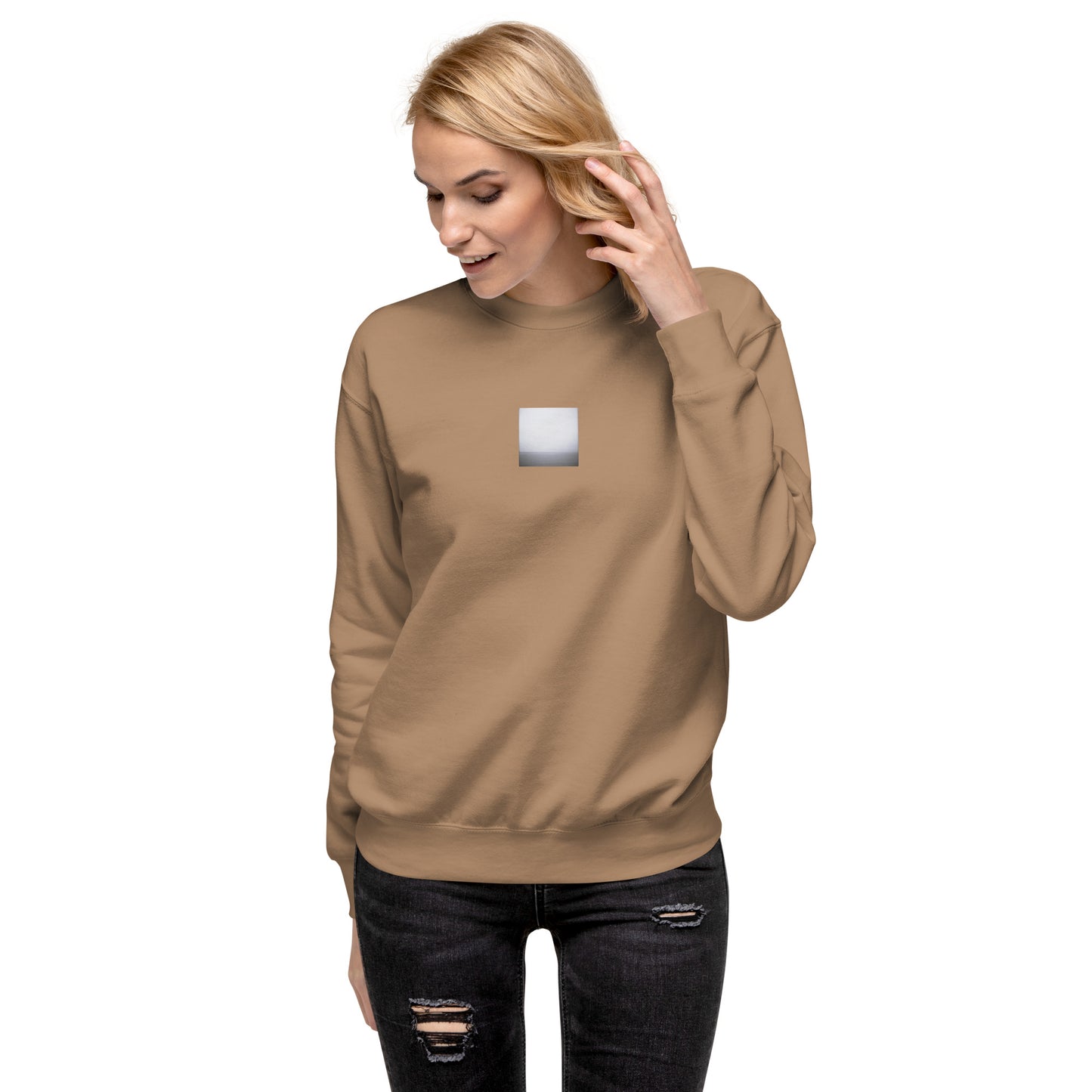 Minimalist streetwear style unisex premium sweatshirt in latte featuring the 'Ocean Horizon (B&W)' photo art on the front. / モードストリート系ユニセックス・プレミアム・スウェットシャツ（ラテ）フロントに「オーシャンホライズン (モノクロ)」のフォトアートを配したデザイン。