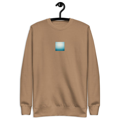 Minimalist streetwear style unisex premium sweatshirt in latte featuring the 'Ocean Horizon' photo art on the front. / モードストリート系ユニセックス・プレミアム・スウェットシャツ（ラテ）フロントに「オーシャンホライズン」のフォトアートを配したデザイン。