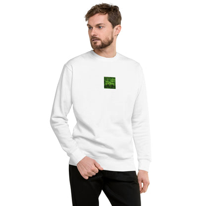 Unisex Premium Sweatshirt in White – plants botanical art print, lifestyle view
