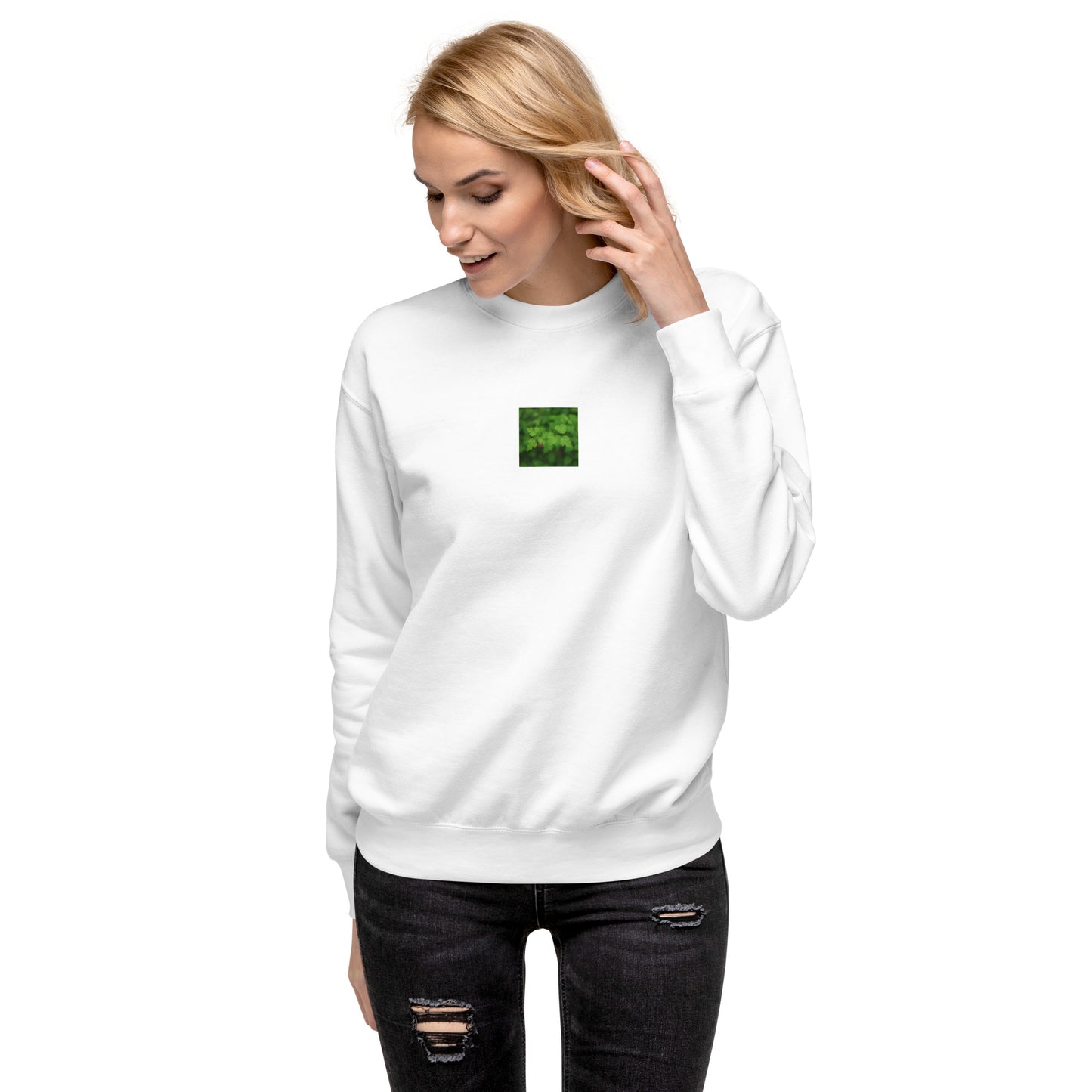 Unisex Premium Sweatshirt in White – plants botanical art print, front view
