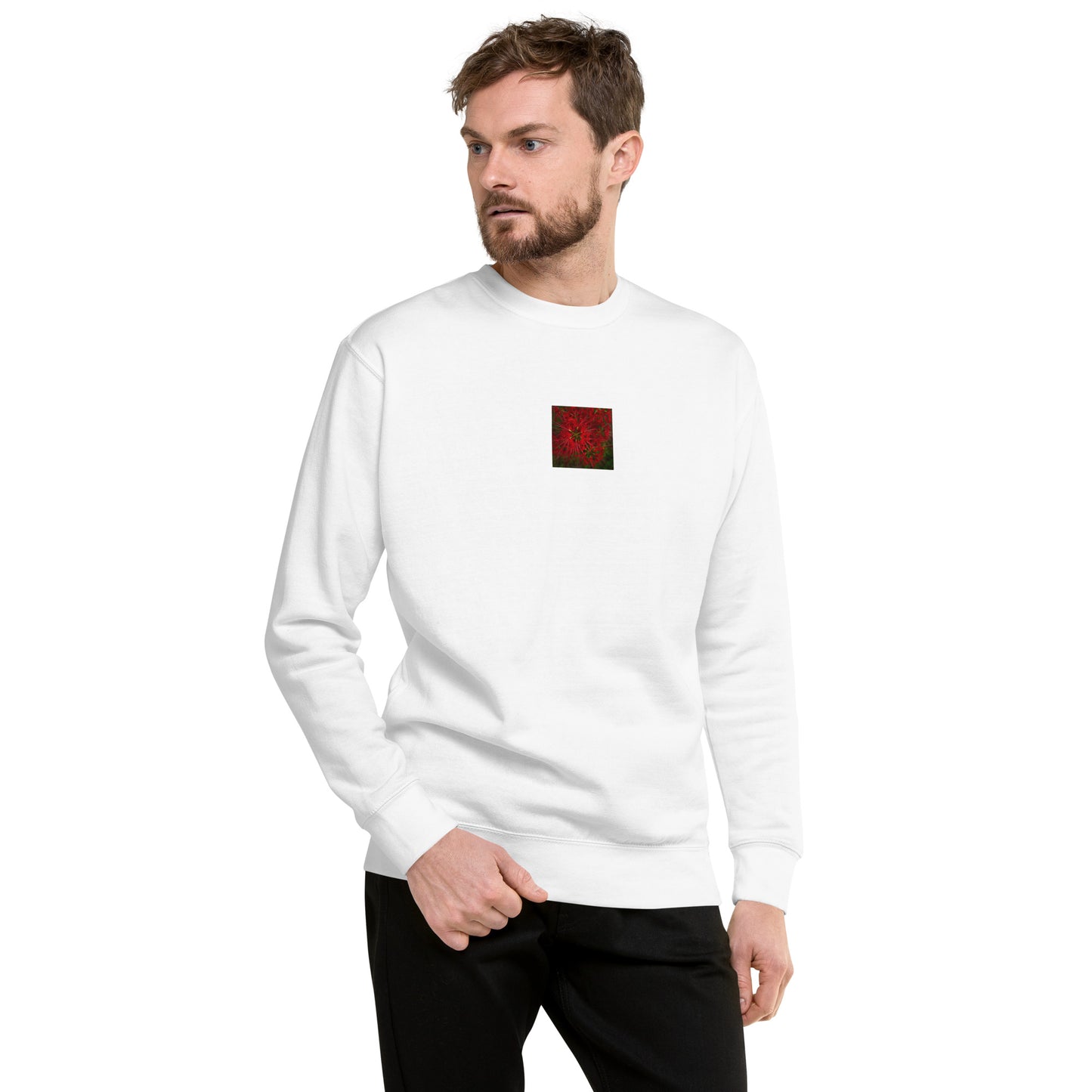 Red Spider Lily Botanical Art – Unisex Premium Sweatshirt, White, Front View