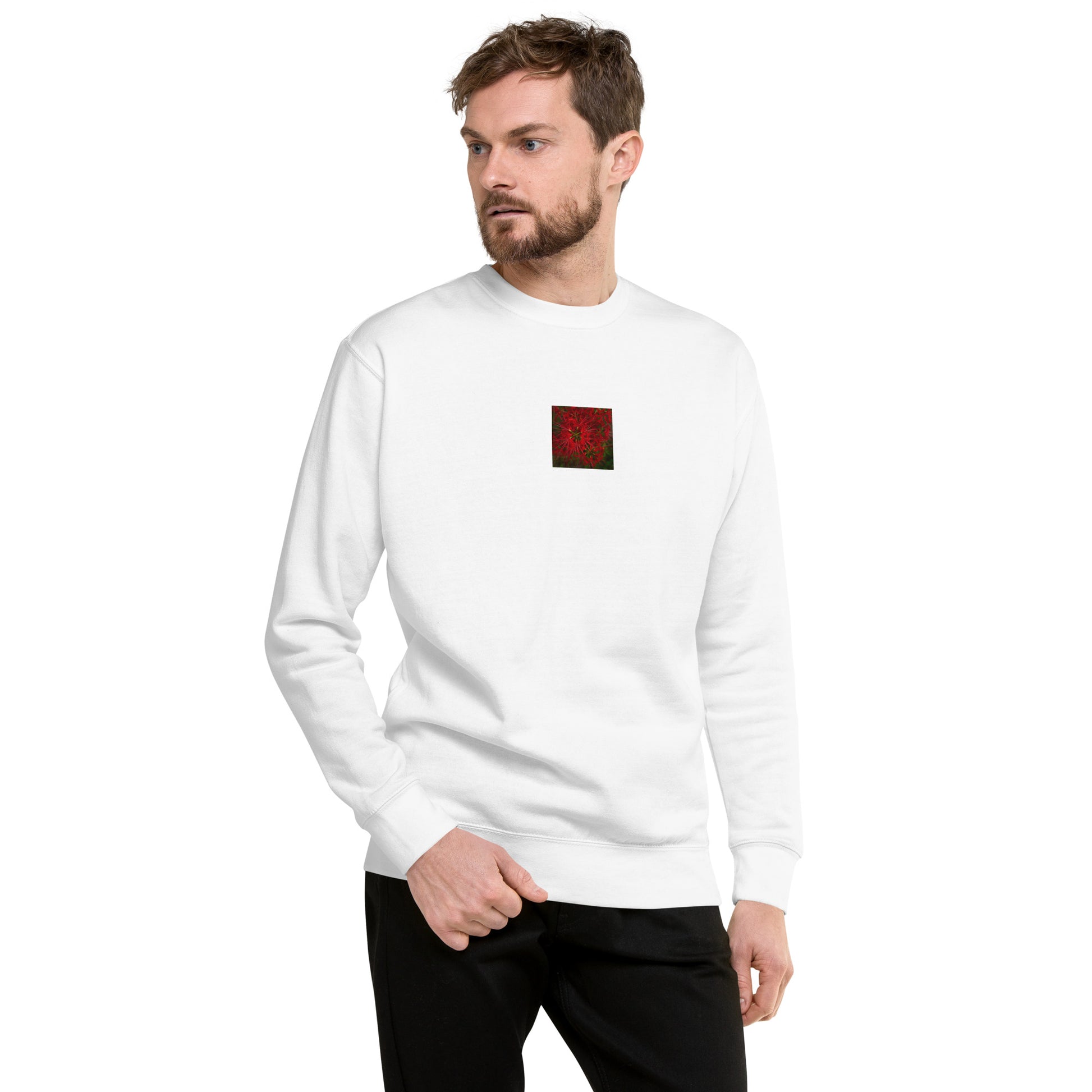 Red Spider Lily Botanical Art – Unisex Premium Sweatshirt, White, Front View