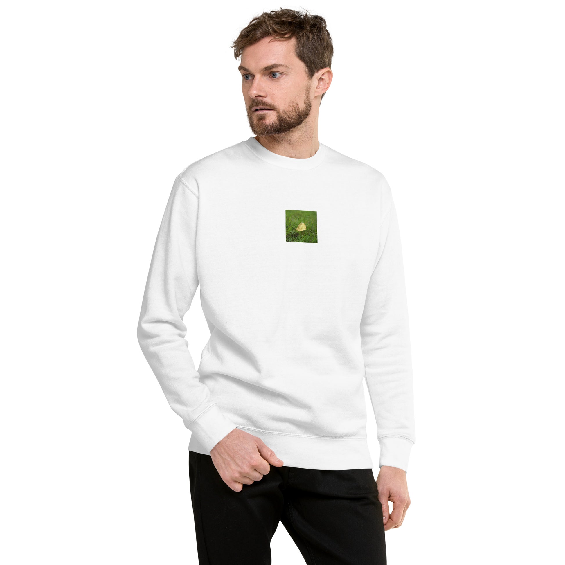 Yellow Fallen Leaf Botanical Art – Unisex Premium Sweatshirt, White, Front View