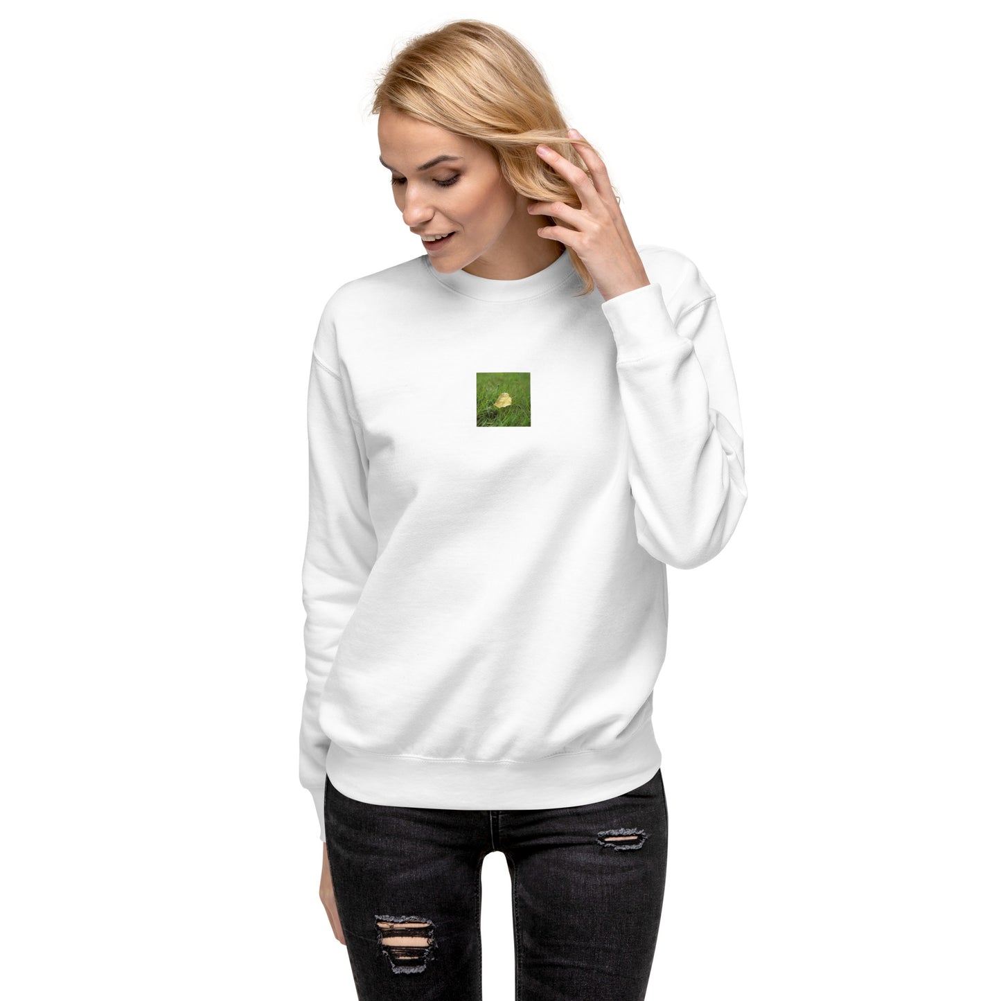 Yellow Fallen Leaf Botanical Art – Unisex Premium Sweatshirt, White, Front View