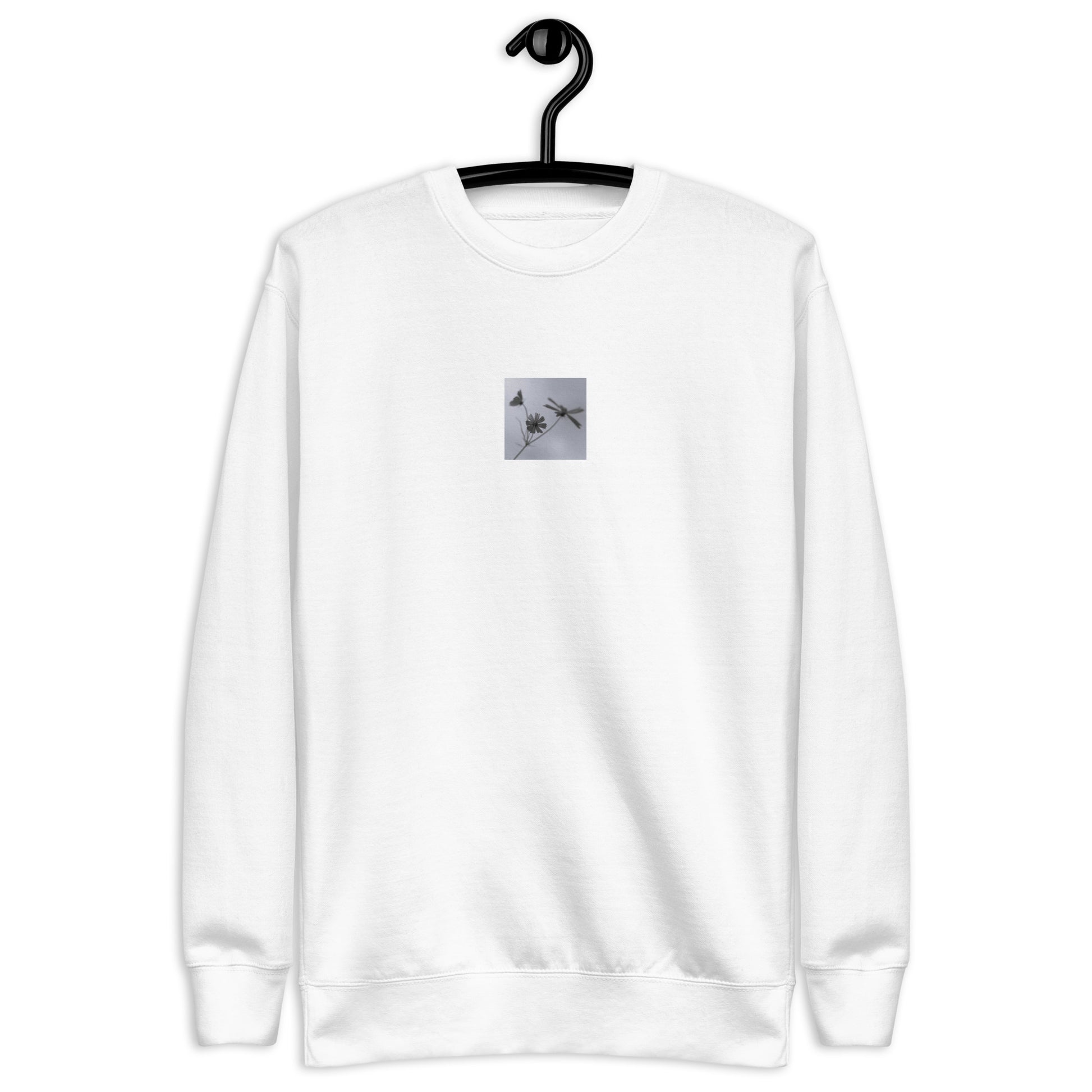 Three Cosmos Flowers Botanical B&W Art – Unisex Premium Sweatshirt, White, Front View