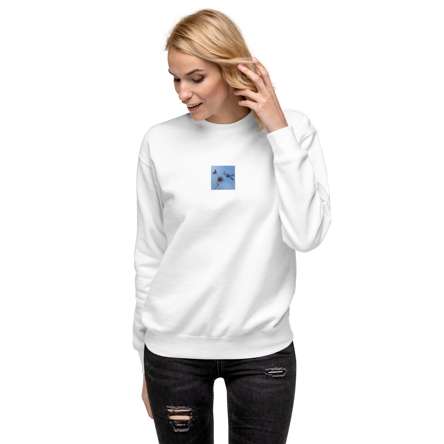 Three Cosmos Flowers Botanical Art – Unisex Premium Sweatshirt, White, Front View