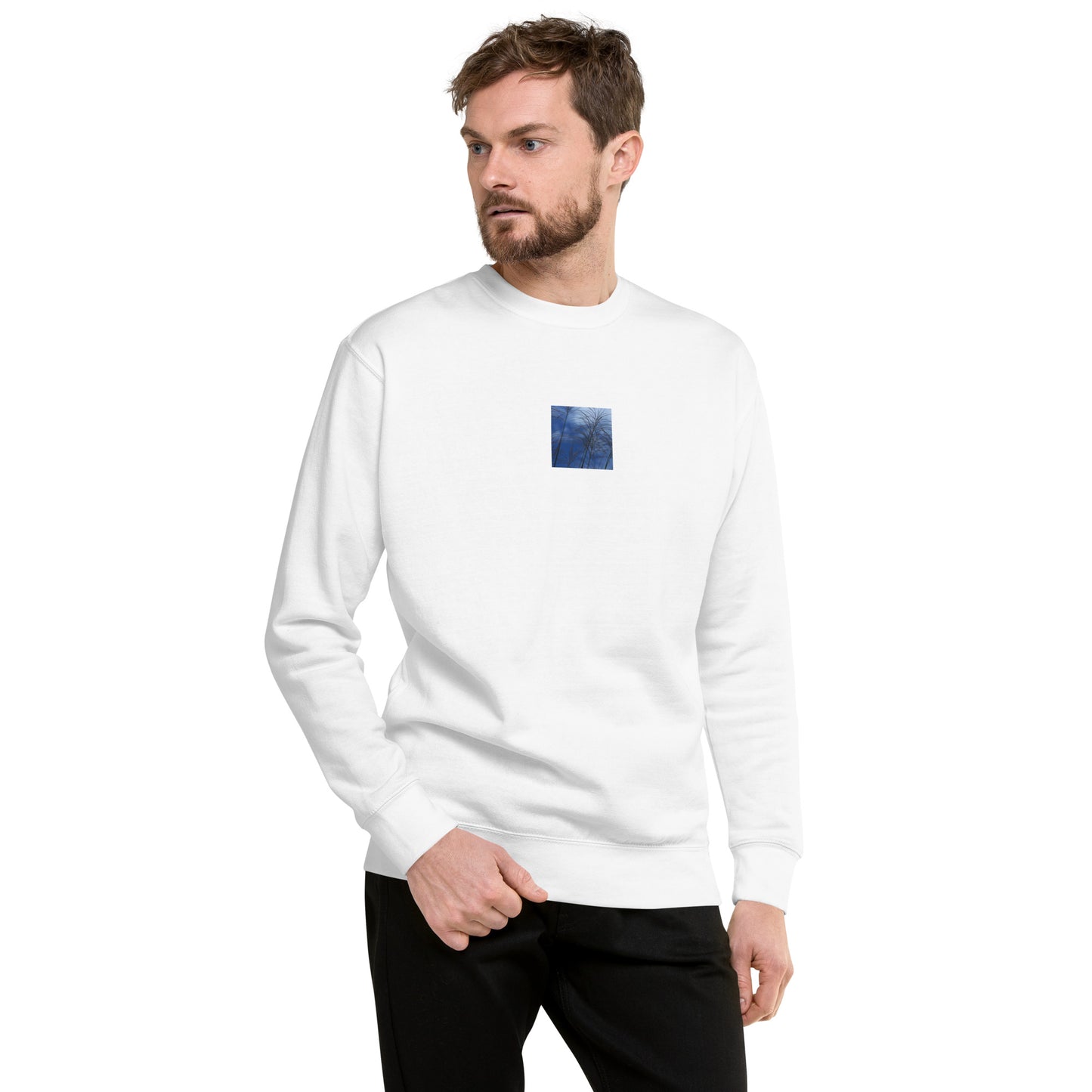 Silver Grass Cluster Botanical Art – Unisex Premium Sweatshirt, White, Front View