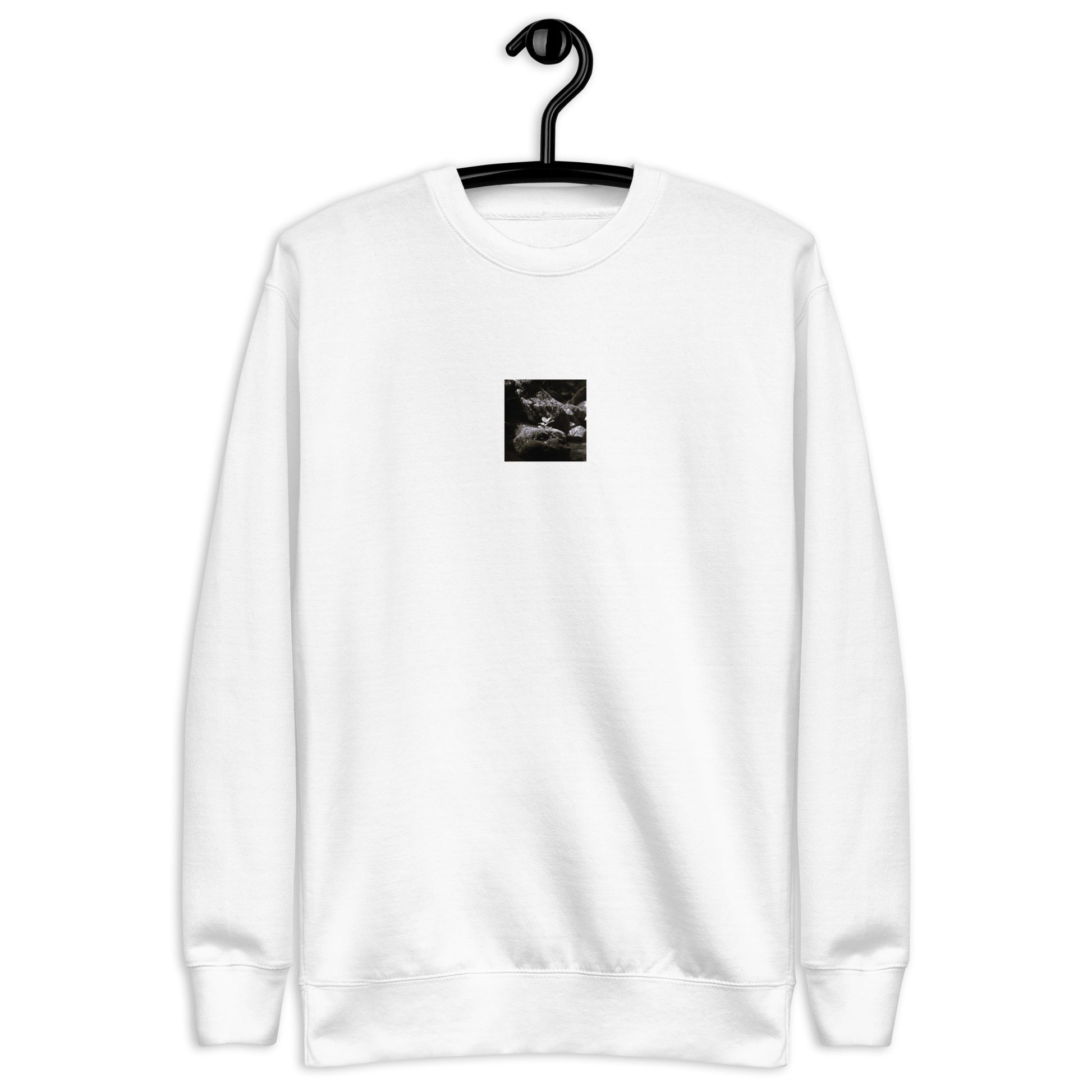 Plant on a Rock (B&W) Art – Unisex Premium Sweatshirt, White, Front View