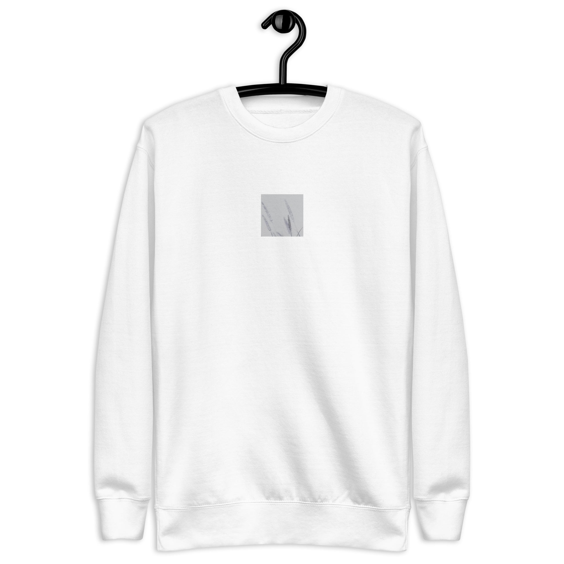 Minimalist mode style unisex premium white sweatshirt with a 'Foxtail Grass' print / モードストリート系ユニセックス・プレミアムスウェット（ホワイト）、フロントに「Foxtail Grass（エノコログサ）」のプリント（スウェット）