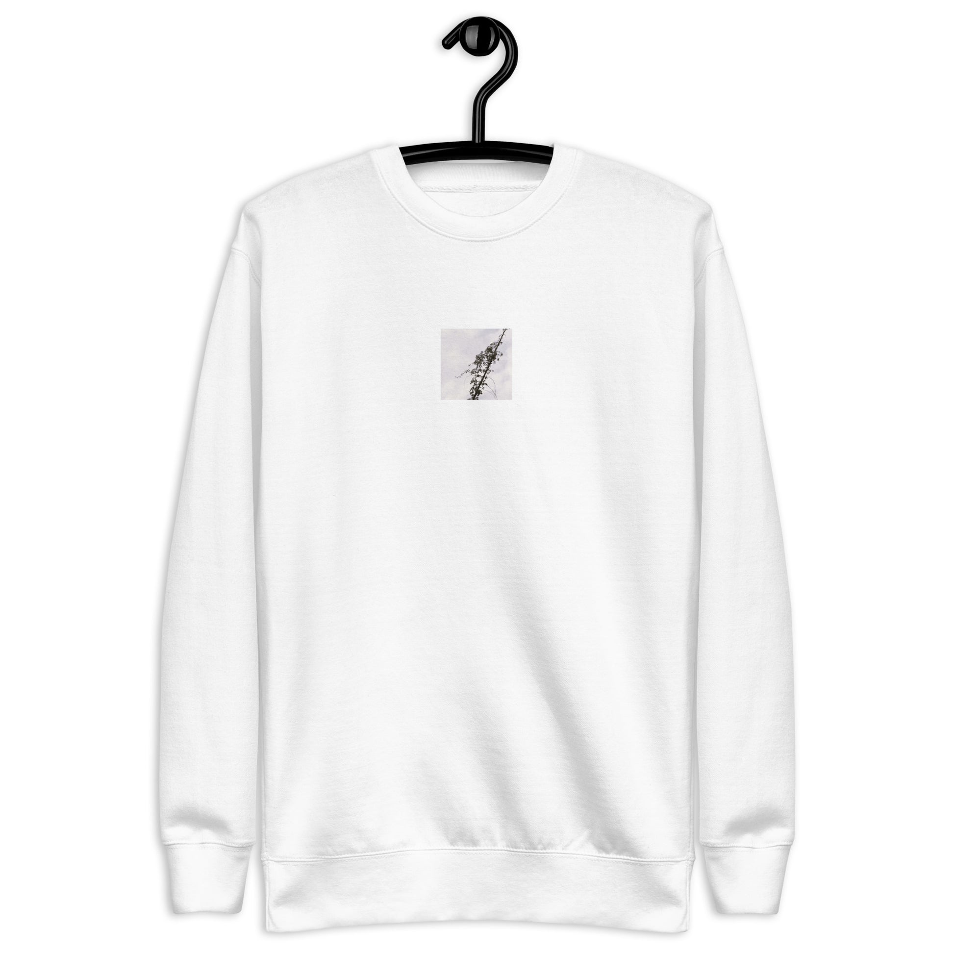 Minimalist mode style unisex premium white sweatshirt with a 'Vines Entangled on a Utility Pole' black and white photo print / モードストリート系ユニセックス・プレミアムスウェット（ホワイト）、フロントに「電柱に絡まるツル」のモノクロ写真プリント（スウェット）