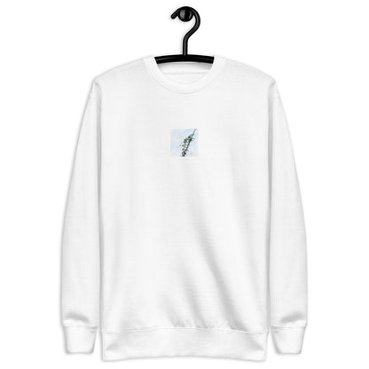 Minimalist mode style unisex premium white sweatshirt with a 'Vines Entangled on a Utility Pole' photo print / モードストリート系ユニセックス・プレミアムスウェット（ホワイト）、フロントに「電柱に絡まるツル」の写真プリント（スウェット）
