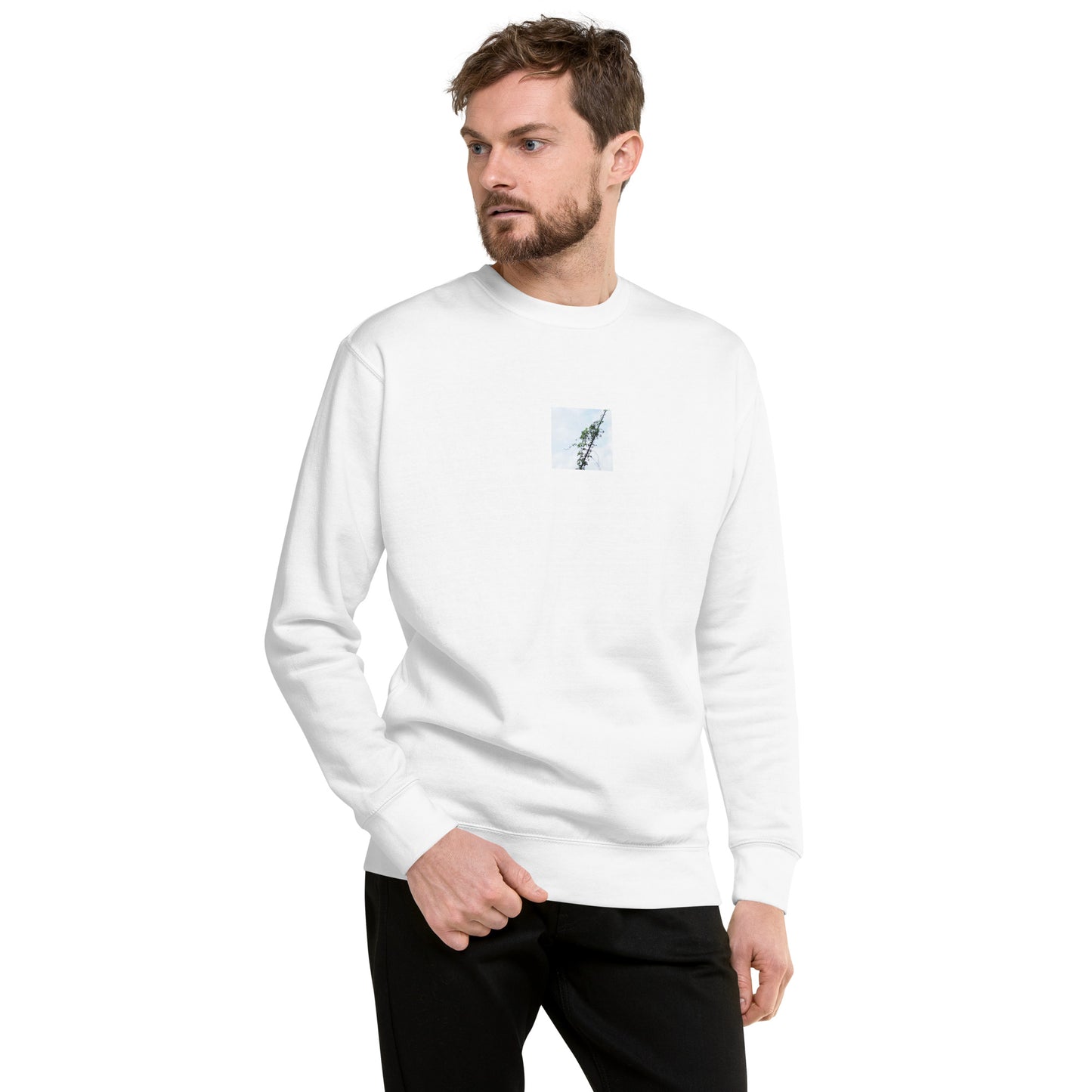 Minimalist mode style unisex premium white sweatshirt with a 'Vines Entangled on a Utility Pole' photo print / モードストリート系ユニセックス・プレミアムスウェット（ホワイト）、フロントに「電柱に絡まるツル」の写真プリント（スウェット）
