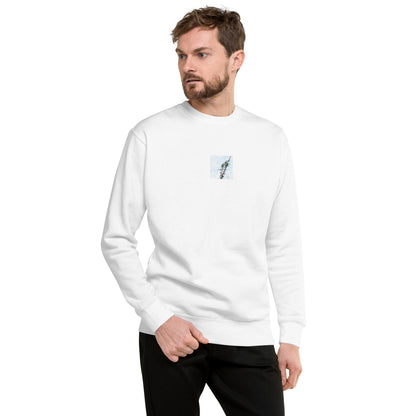 Minimalist mode style unisex premium white sweatshirt with a 'Vines Entangled on a Utility Pole' photo print / モードストリート系ユニセックス・プレミアムスウェット（ホワイト）、フロントに「電柱に絡まるツル」の写真プリント（スウェット）
