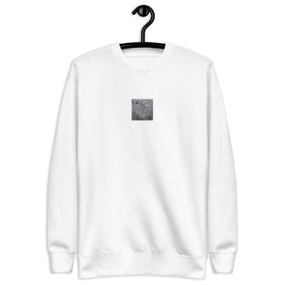 Minimalist mode style unisex premium white sweatshirt with a 'Water Surface & Leaves' black and white photo print / モードストリート系ユニセックス・プレミアムスウェット（ホワイト）、フロントに「水面と葉」のモノクロ写真プリント（スウェット）