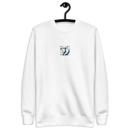 Minimalist mode style unisex white premium sweatshirt with a 'Bare Tree' art print / モードストリート系ユニセックス・ホワイト・プレミアムスウェット、フロントに「Bare Tree（枯れ木）」のアートプリント（スウェット）