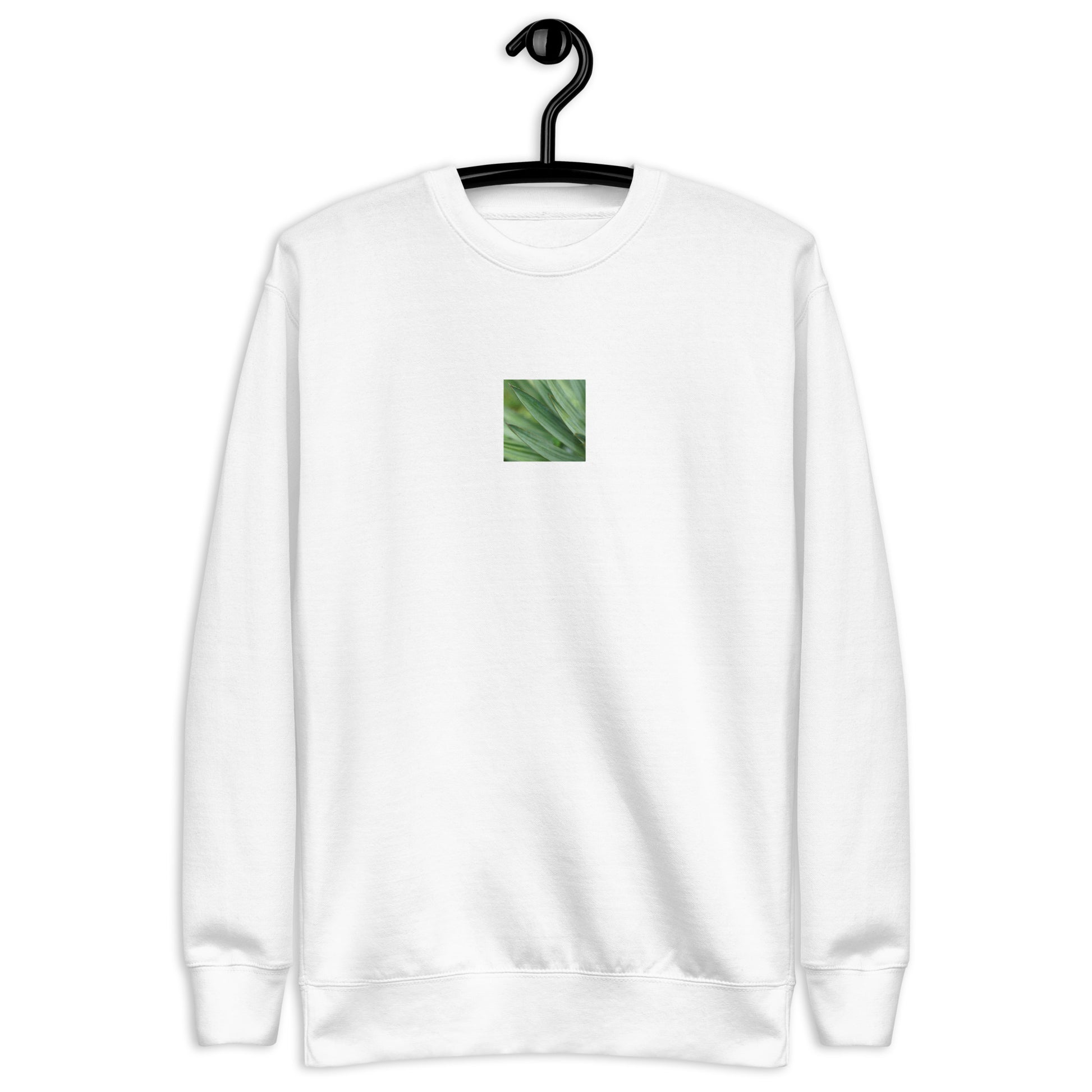 Minimalist streetwear style unisex premium sweatshirt in white, featuring a vibrant Yucca plant color photograph on the chest. A crisp, clean essential for modern styling. / モードストリート系ユニセックス・ホワイト・プレミアムスウェット。フロントにユッカ植物のカラー写真プリント。清潔感のあるモダンなデザイン。