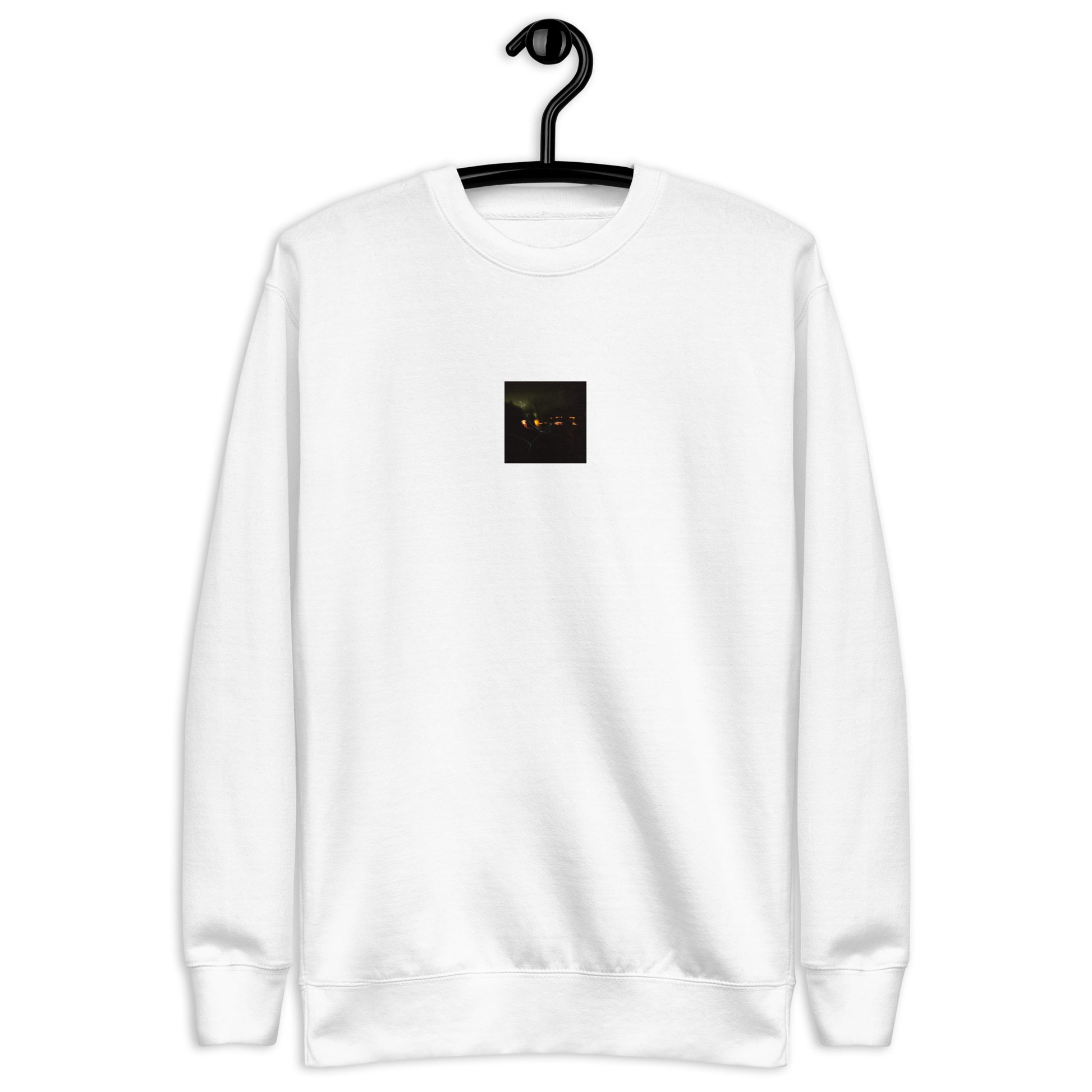 Minimalist streetwear style unisex premium sweatshirt in white, featuring a 'Night Light' photograph print on the chest. / Night Light プレミアム・スウェット（ホワイト）：清潔感のある白地に、夜の光の幻想的なデザインが際立つモードストリート系スウェット。