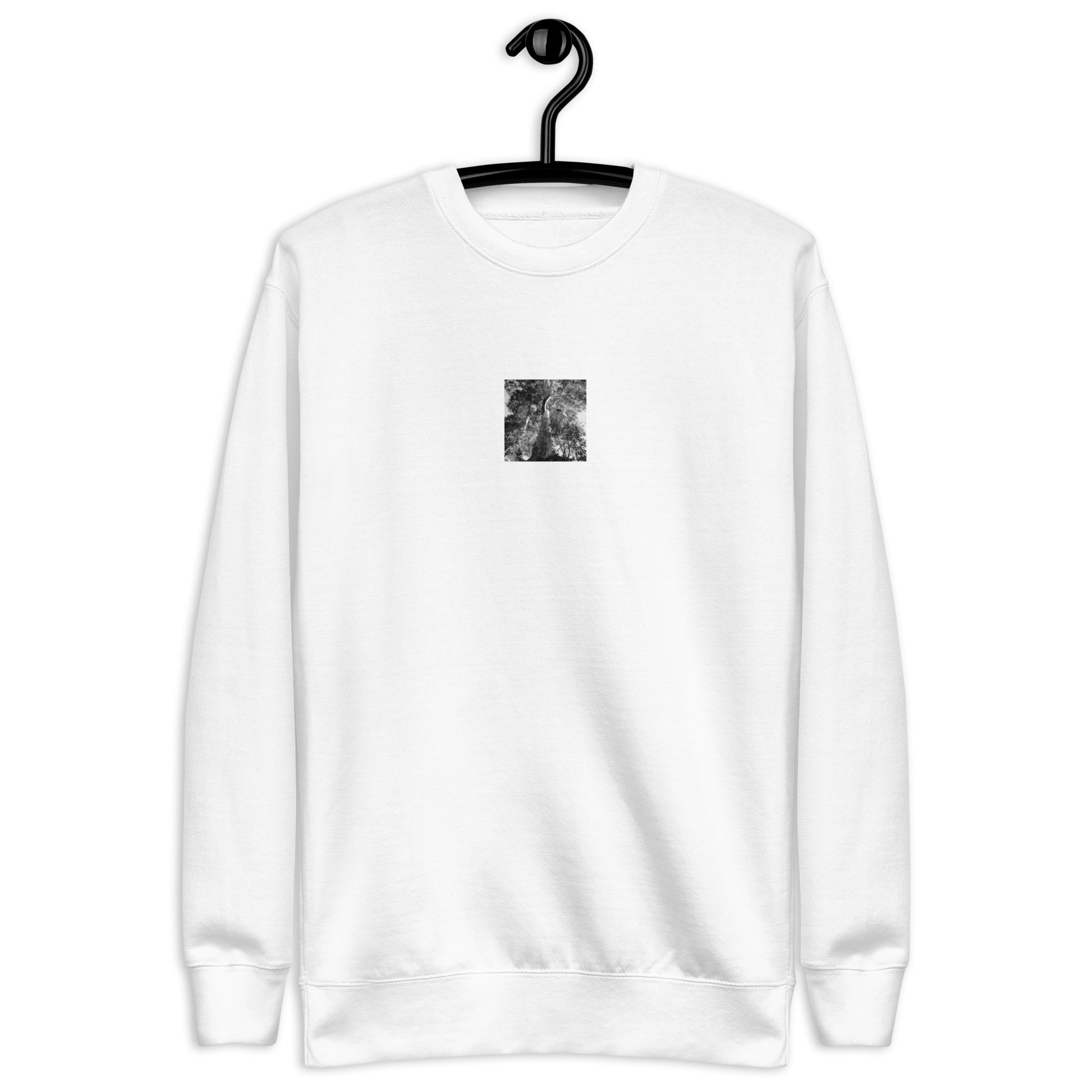 Minimalist streetwear style unisex premium sweatshirt in white featuring the 'Eucalyptus Tree (B&W)' photo art on the front. / モードストリート系ユニセックス・プレミアム・スウェットシャツ（ホワイト）フロントに「ユーカリの木（モノクロ）」のフォトアートを配したデザイン。