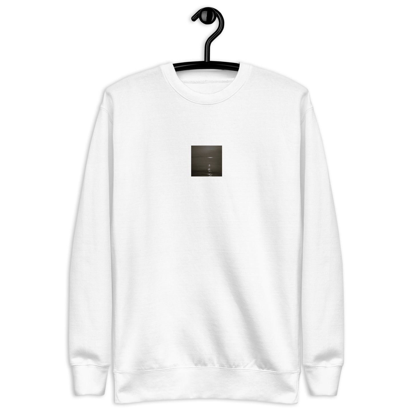 Minimalist streetwear style unisex premium sweatshirt in white featuring the 'Sea and Sunshine (B&W)' photo art on the front. / モードストリート系ユニセックス・プレミアム・スウェットシャツ（ホワイト）フロントに「海と太陽（モノクロ）」のフォトアートを配したデザイン。