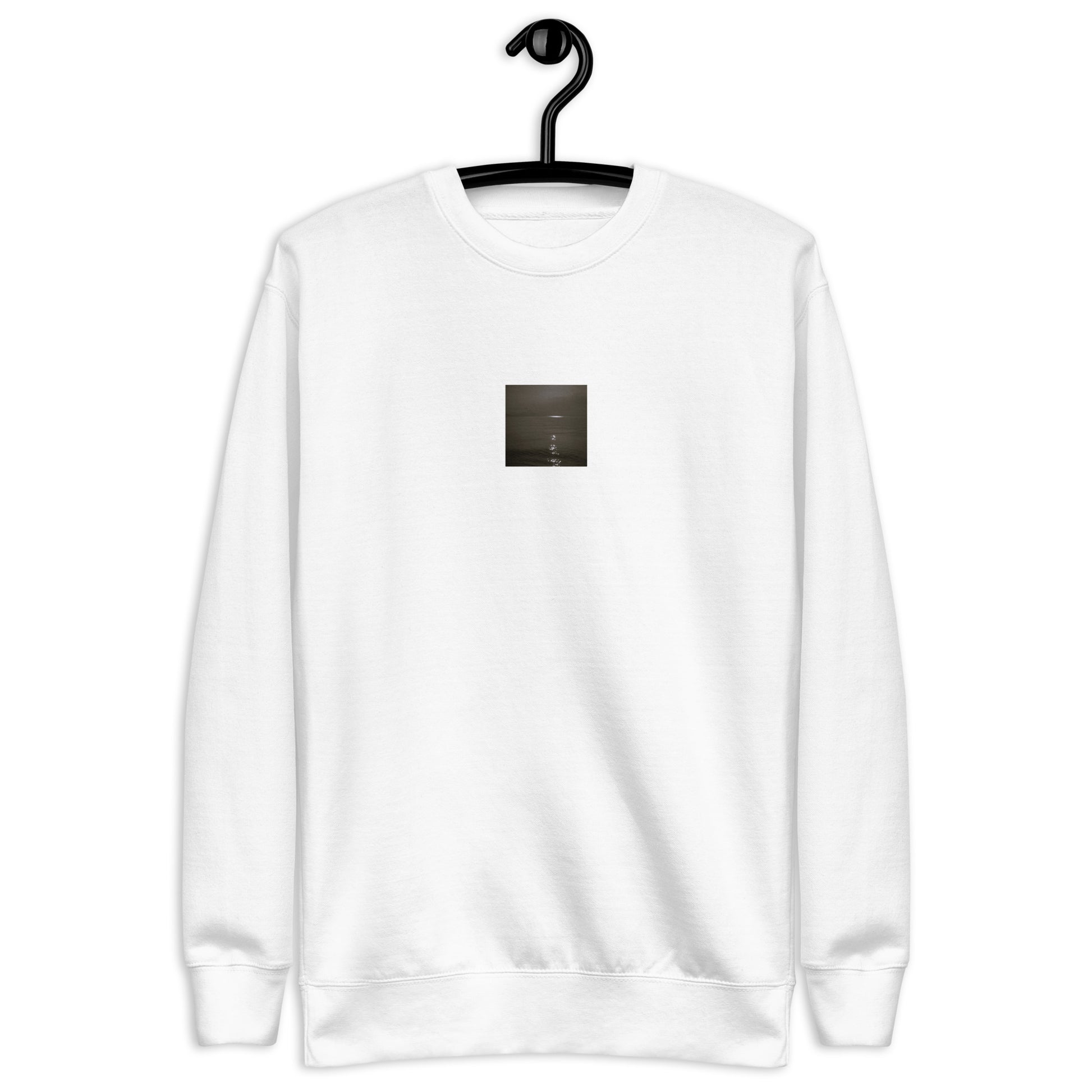 Minimalist streetwear style unisex premium sweatshirt in white featuring the 'Sea and Sunshine (B&W)' photo art on the front. / モードストリート系ユニセックス・プレミアム・スウェットシャツ（ホワイト）フロントに「海と太陽（モノクロ）」のフォトアートを配したデザイン。