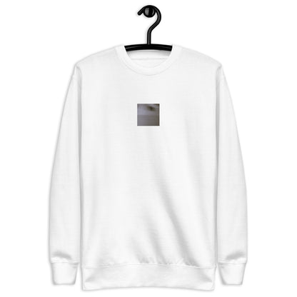 Minimalist streetwear style unisex premium sweatshirt in white featuring the 'Cat (B&W)' photo art on the front. / モードストリート系ユニセックス・プレミアム・スウェットシャツ（ホワイト）フロントに「猫（モノクロ）」のフォトアートを配したデザイン。