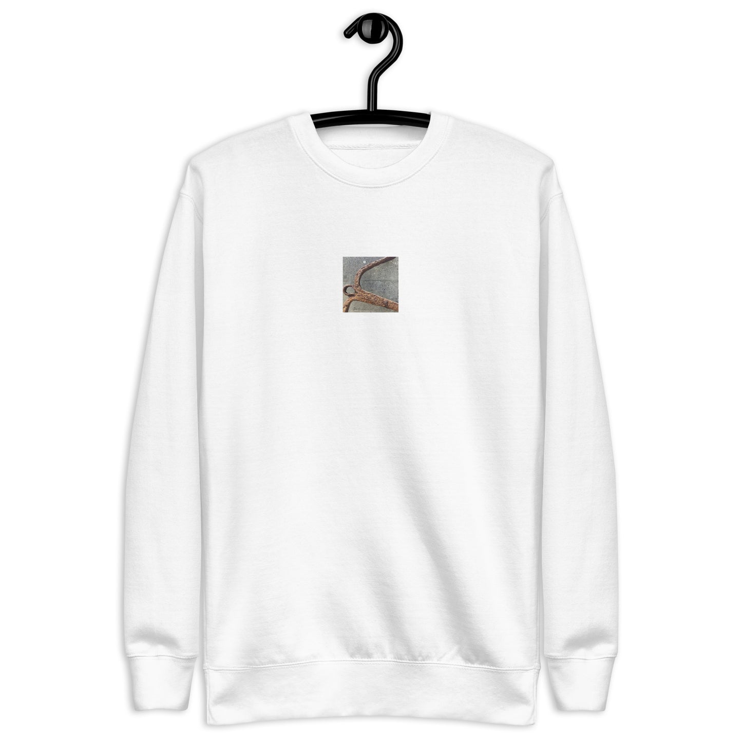 Minimalist streetwear style unisex premium sweatshirt in white featuring the 'Anchor' photo art on the front. / モードストリート系ユニセックス・プレミアム・スウェットシャツ（ホワイト）フロントに「アンカー（錨）」のフォトアートを配したデザイン。