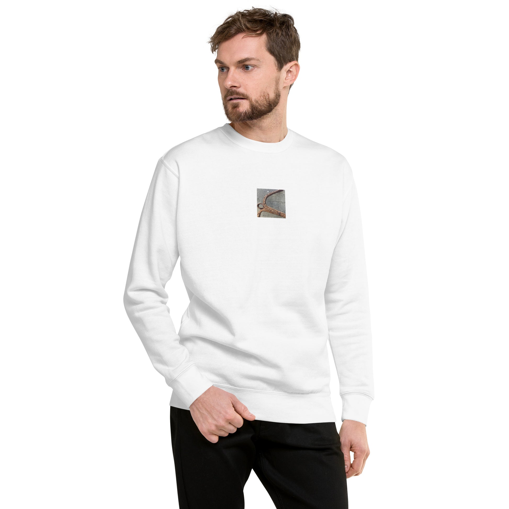 Minimalist streetwear style unisex premium sweatshirt in white featuring the 'Anchor' photo art on the front. / モードストリート系ユニセックス・プレミアム・スウェットシャツ（ホワイト）フロントに「アンカー（錨）」のフォトアートを配したデザイン。