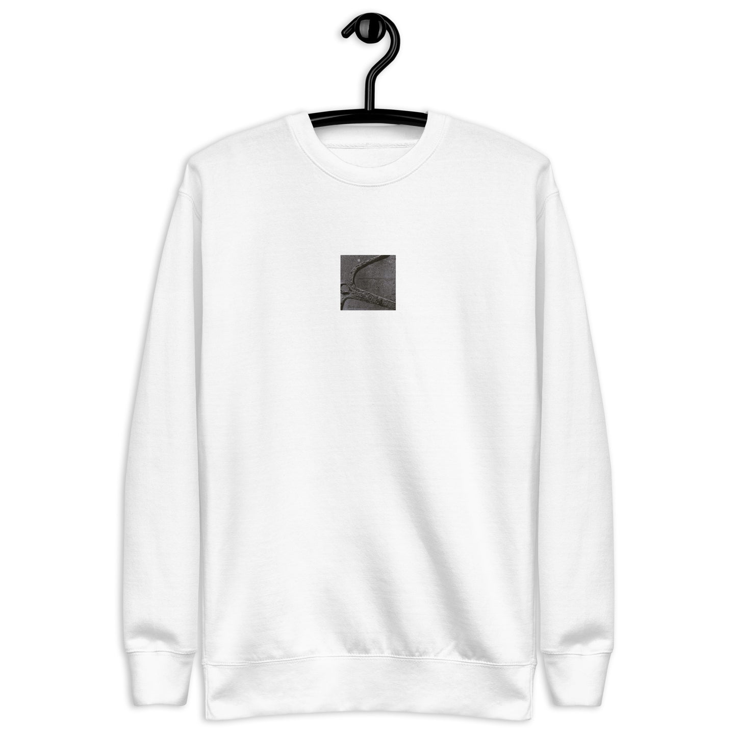 Minimalist streetwear style unisex premium sweatshirt in white featuring the 'Anchor (B&W)' photo art on the front. / モードストリート系ユニセックス・プレミアム・スウェットシャツ（ホワイト）フロントに「アンカー（錨・モノクロ）」のフォトアートを配したデザイン。