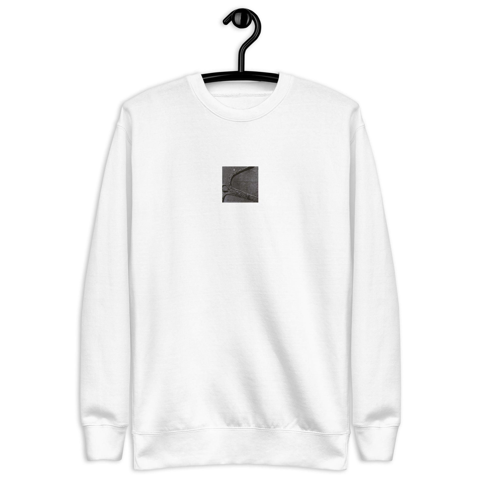 Minimalist streetwear style unisex premium sweatshirt in white featuring the 'Anchor (B&W)' photo art on the front. / モードストリート系ユニセックス・プレミアム・スウェットシャツ（ホワイト）フロントに「アンカー（錨・モノクロ）」のフォトアートを配したデザイン。