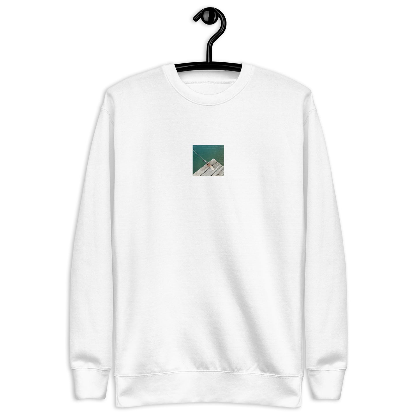 Minimalist streetwear style unisex premium sweatshirt in white featuring the 'Sea, Pier and Rope' photo art on the front. / モードストリート系ユニセックス・プレミアム・スウェットシャツ（ホワイト）フロントに「海、桟橋、ロープ」のフォトアートを配したデザイン。