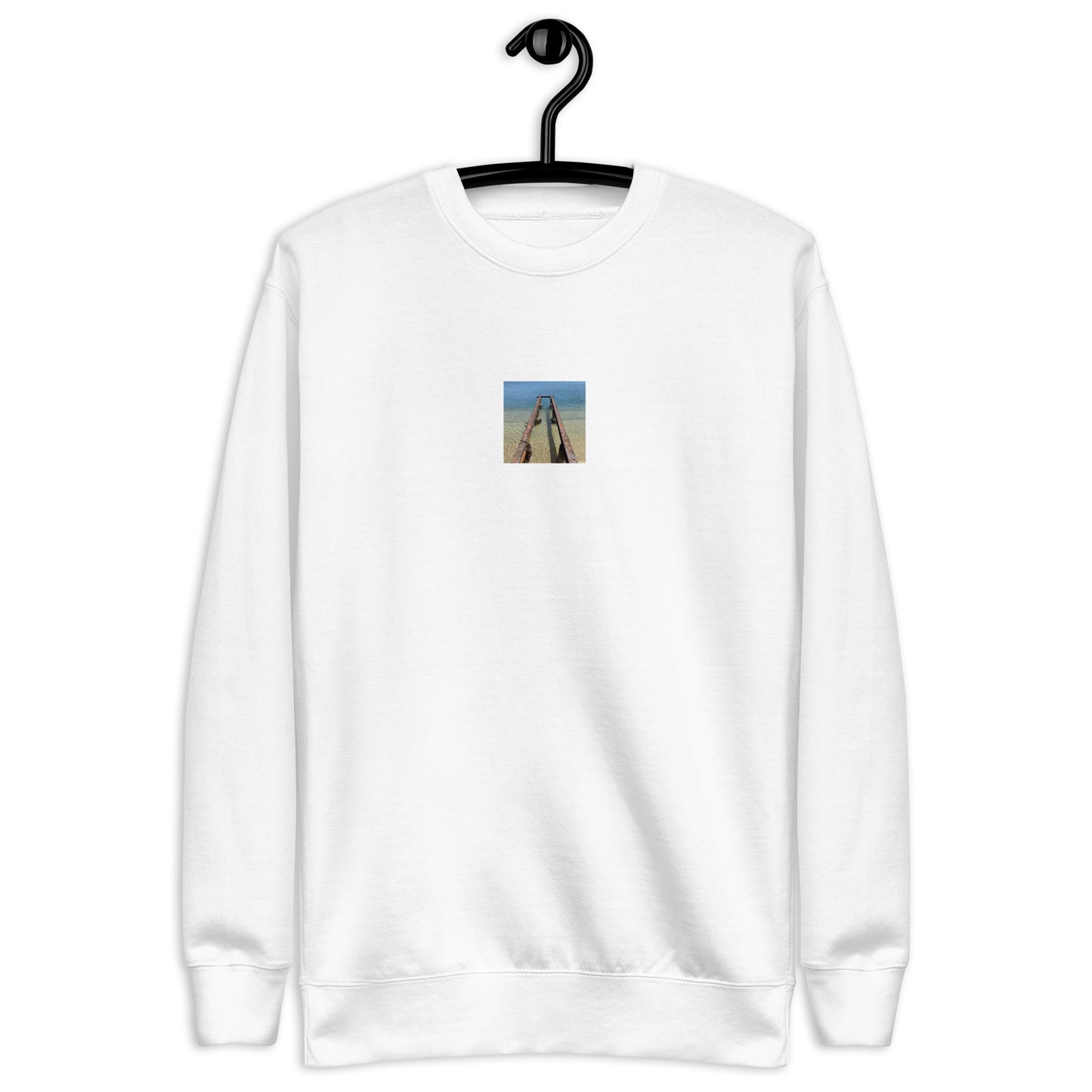 Minimalist streetwear style unisex premium sweatshirt in white featuring the 'Sea and Pier' photo art on the front. / モードストリート系ユニセックス・プレミアム・スウェットシャツ（ホワイト）フロントに「海と桟橋」のフォトアートを配したデザイン。