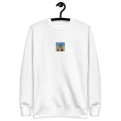 Minimalist streetwear style unisex premium sweatshirt in white featuring the 'Sea and Pier' photo art on the front. / モードストリート系ユニセックス・プレミアム・スウェットシャツ（ホワイト）フロントに「海と桟橋」のフォトアートを配したデザイン。