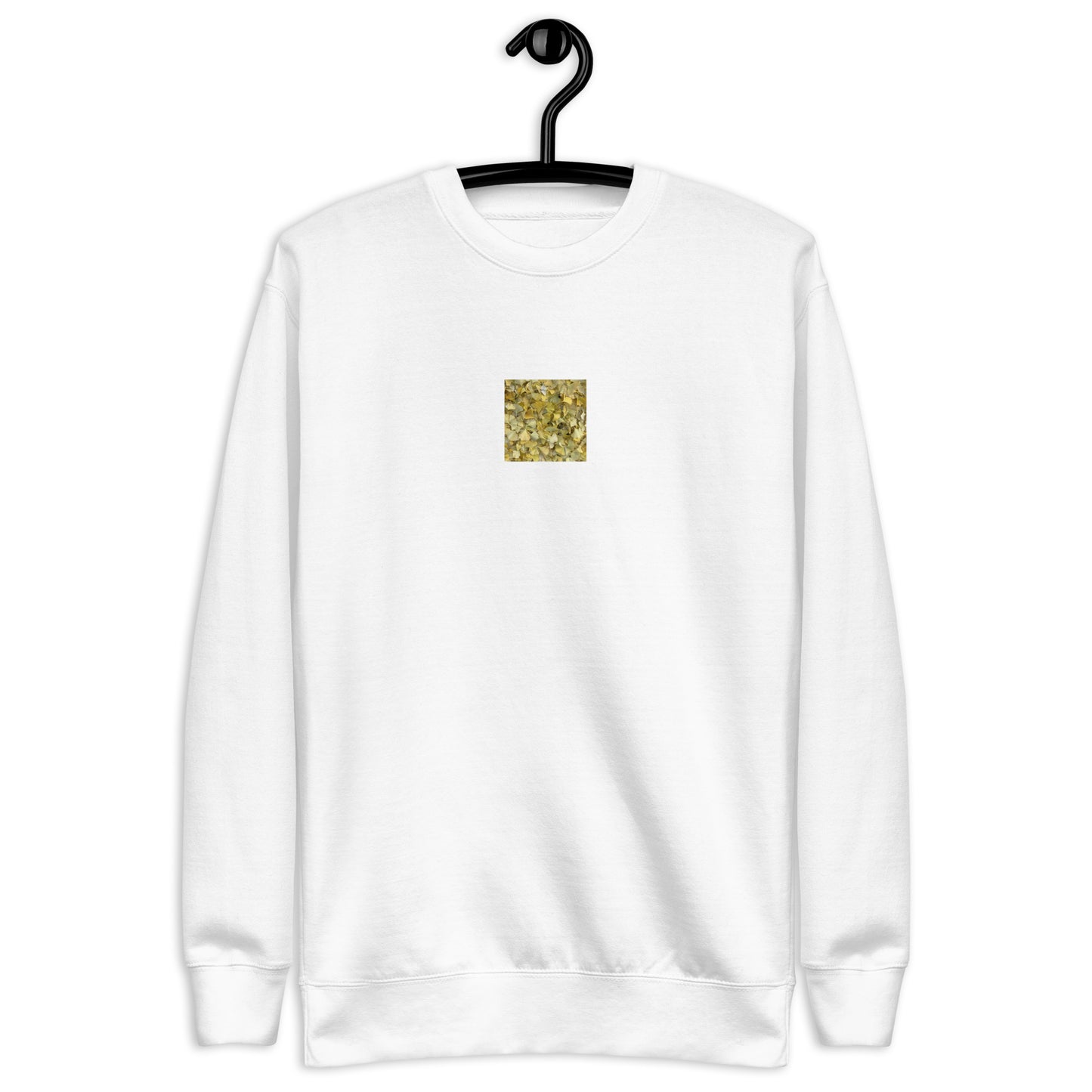 Minimalist streetwear style unisex premium sweatshirt in white featuring the 'Ginkgo Fallen Leaves' photo art on the front. / モードストリート系ユニセックス・プレミアム・スウェットシャツ（ホワイト）フロントに「イチョウの落ち葉」のフォトアートを配したデザイン。