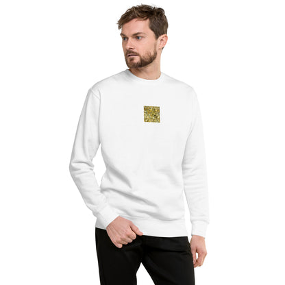Minimalist streetwear style unisex premium sweatshirt in white featuring the 'Ginkgo Fallen Leaves' photo art on the front. / モードストリート系ユニセックス・プレミアム・スウェットシャツ（ホワイト）フロントに「イチョウの落ち葉」のフォトアートを配したデザイン。
