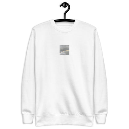 Minimalist streetwear style unisex premium sweatshirt in white featuring the 'Double Rainbow' photo art on the front. / モードストリート系ユニセックス・プレミアム・スウェットシャツ（ホワイト）フロントに「ダブルレインボー」のフォトアートを配したデザイン。
