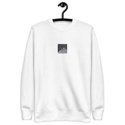 Minimalist streetwear style unisex premium sweatshirt in white featuring the 'Ocean Pier (B&W)' photo art on the front. / モードストリート系ユニセックス・プレミアム・スウェットシャツ（ホワイト）フロントに「海の桟橋 (モノクロ)」のフォトアートを配したデザイン。