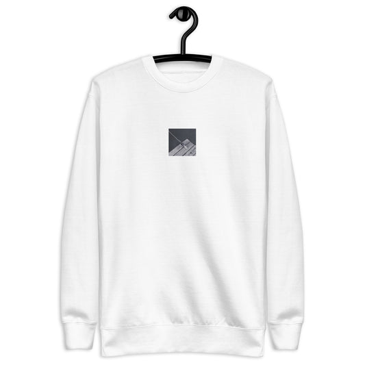 Minimalist streetwear style unisex premium sweatshirt in white featuring the 'Ocean Pier (B&W)' photo art on the front. / モードストリート系ユニセックス・プレミアム・スウェットシャツ（ホワイト）フロントに「海の桟橋 (モノクロ)」のフォトアートを配したデザイン。