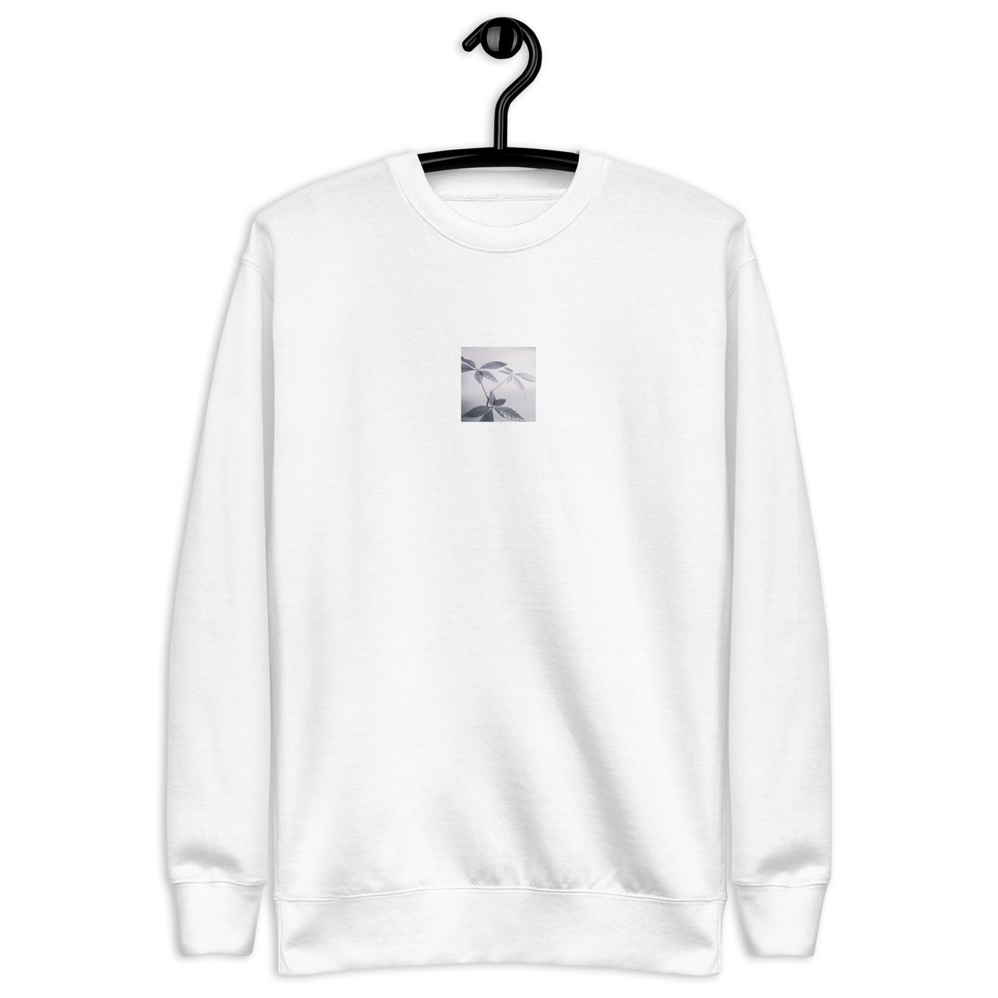 Minimalist streetwear style unisex premium sweatshirt in white featuring the 'Botanical (B&W)' photo art on the front. / モードストリート系ユニセックス・プレミアム・スウェットシャツ（ホワイト）フロントに「ボタニカル (モノクロ)」のフォトアートを配したデザイン。