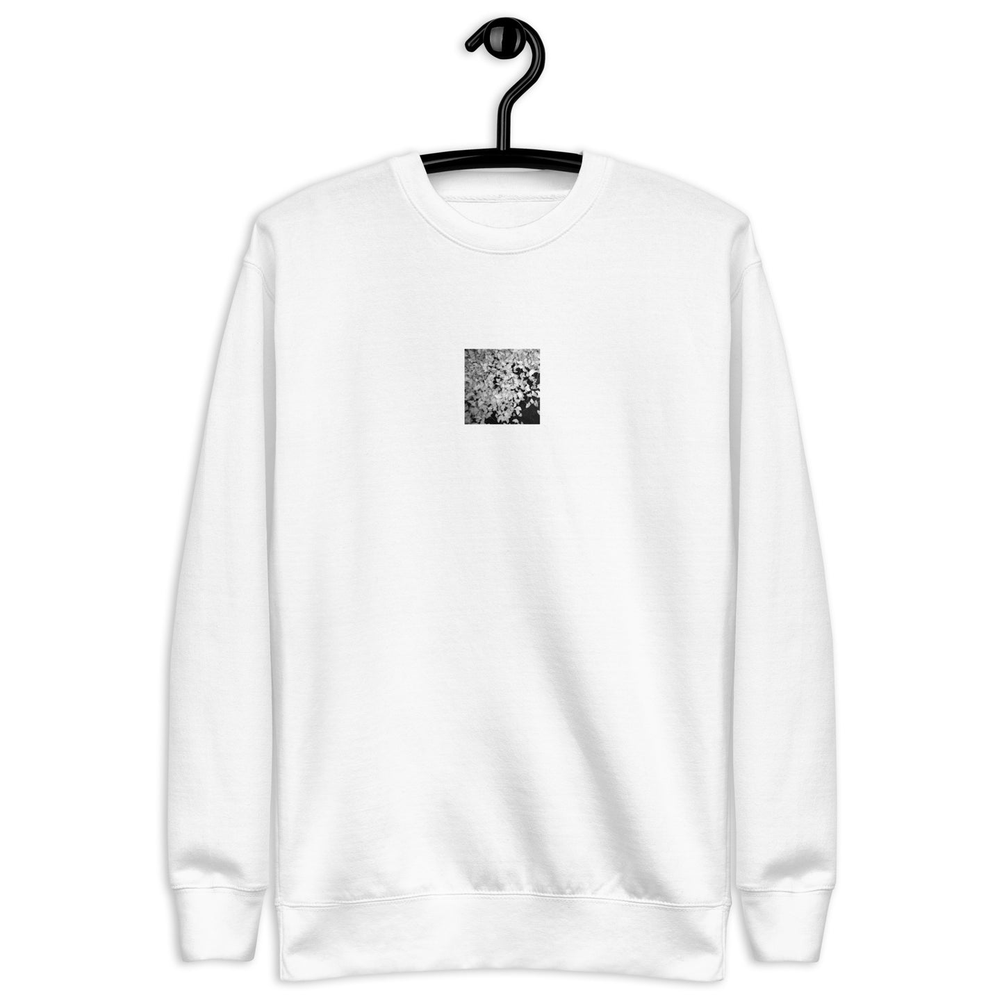 Minimalist streetwear style unisex premium sweatshirt in white featuring the 'Ginkgo Biloba (B&W)' photo art on the front. / モードストリート系ユニセックス・プレミアム・スウェットシャツ（ホワイト）フロントに「イチョウ (モノクロ)」のフォトアートを配したデザイン。