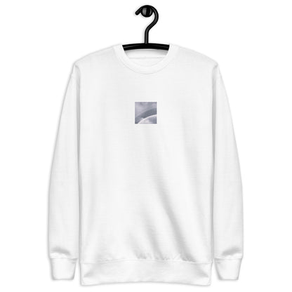 Minimalist streetwear style unisex premium sweatshirt in white featuring the 'Double Rainbow (B&W)' photo art on the front. / モードストリート系ユニセックス・プレミアム・スウェットシャツ（ホワイト）フロントに「ダブルレインボー (モノクロ)」のフォトアートを配したデザイン。