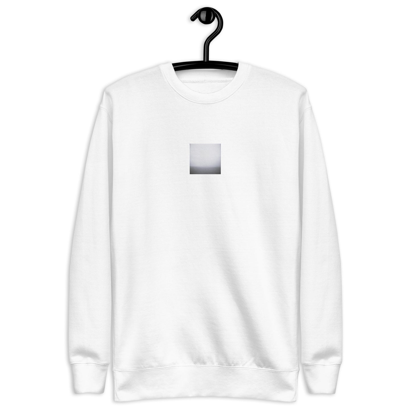 Minimalist streetwear style unisex premium sweatshirt in white featuring the 'Ocean Horizon (B&W)' photo art on the front. / モードストリート系ユニセックス・プレミアム・スウェットシャツ（ホワイト）フロントに「オーシャンホライズン (モノクロ)」のフォトアートを配したデザイン。