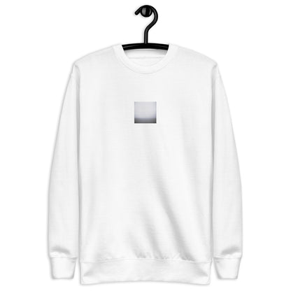 Minimalist streetwear style unisex premium sweatshirt in white featuring the 'Ocean Horizon (B&W)' photo art on the front. / モードストリート系ユニセックス・プレミアム・スウェットシャツ（ホワイト）フロントに「オーシャンホライズン (モノクロ)」のフォトアートを配したデザイン。