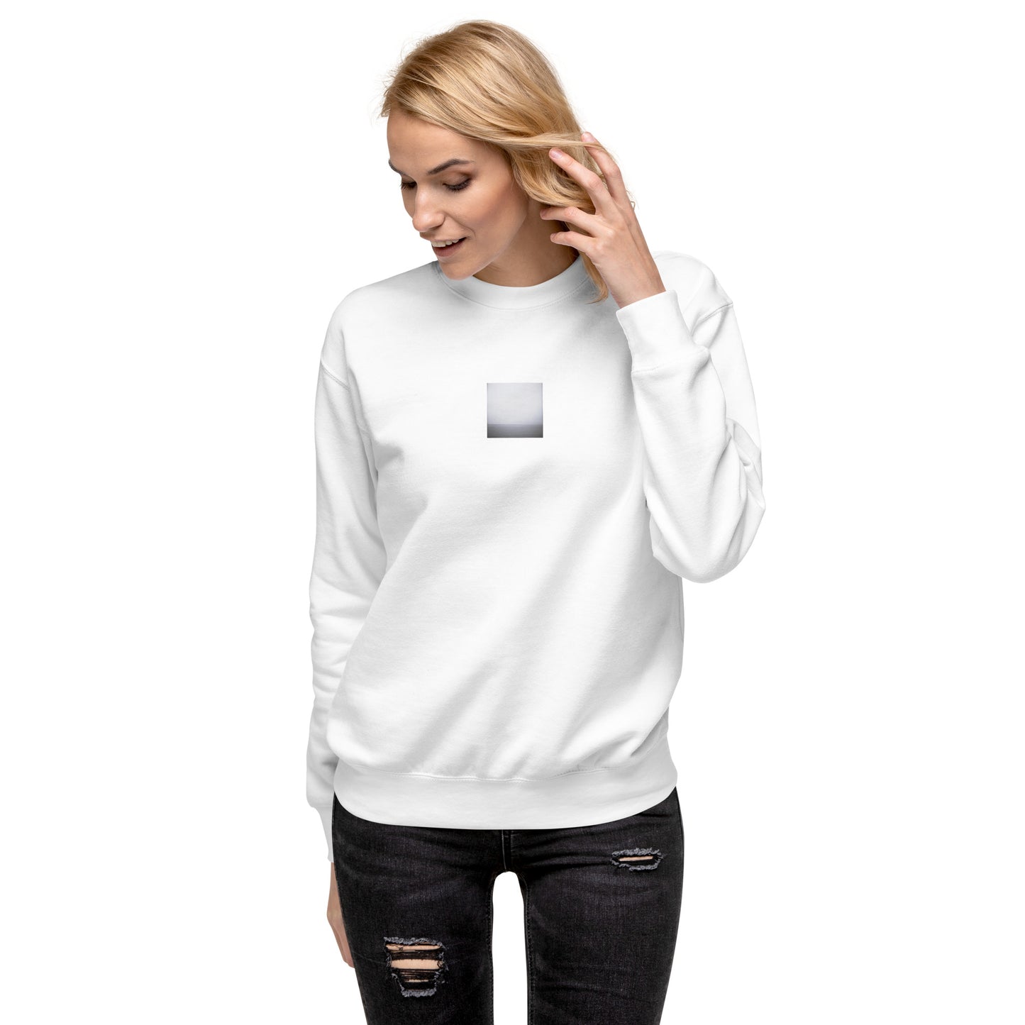 Minimalist streetwear style unisex premium sweatshirt in white featuring the 'Ocean Horizon (B&W)' photo art on the front. / モードストリート系ユニセックス・プレミアム・スウェットシャツ（ホワイト）フロントに「オーシャンホライズン (モノクロ)」のフォトアートを配したデザイン。