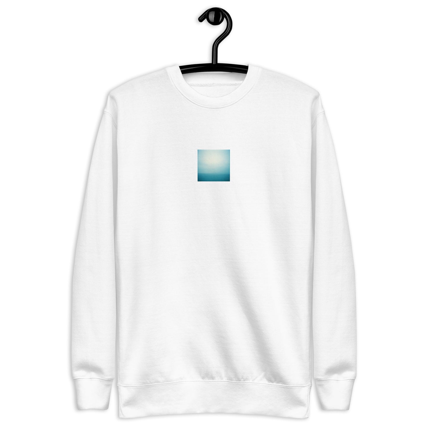 Minimalist streetwear style unisex premium sweatshirt in white featuring the 'Ocean Horizon' photo art on the front. / モードストリート系ユニセックス・プレミアム・スウェットシャツ（ホワイト）フロントに「オーシャンホライズン」のフォトアートを配したデザイン。